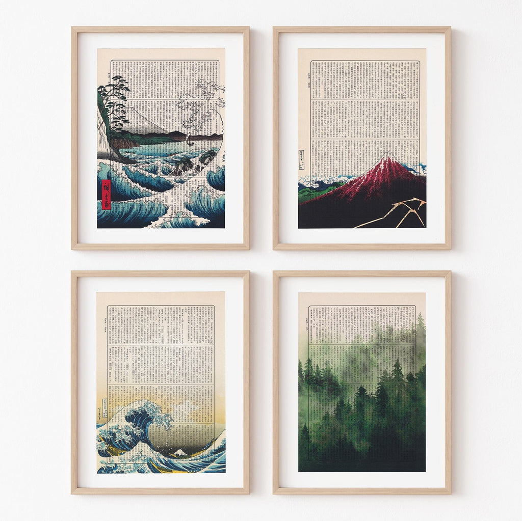 Japanese Art Prints - Book Page Art - Art on Words - Wave, Fuji Mountain, The Sea of Satta, Japanese Misty Forest